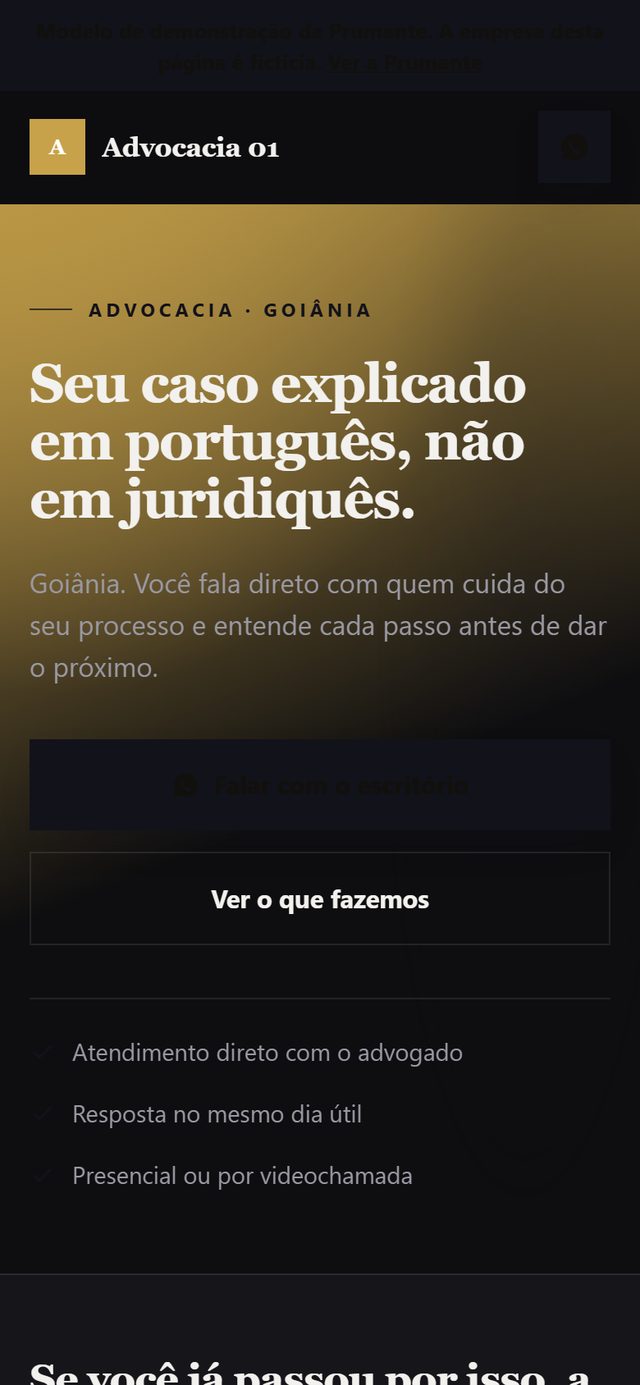 Modelo de página para escritório de advocacia, aberto no celular