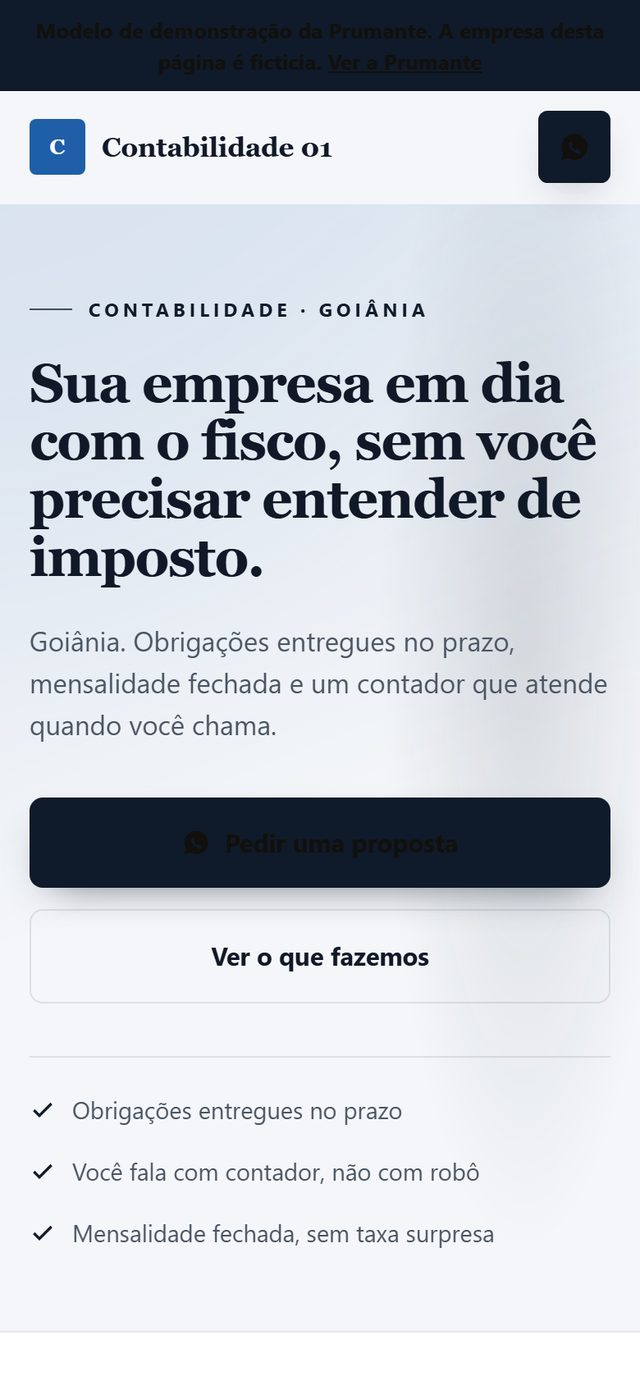 Modelo de página para escritório de contabilidade, aberto no celular