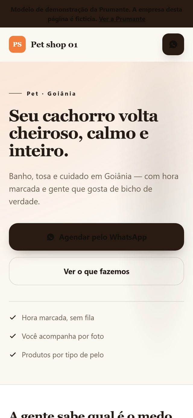 Modelo de página para pet shop, aberto no celular
